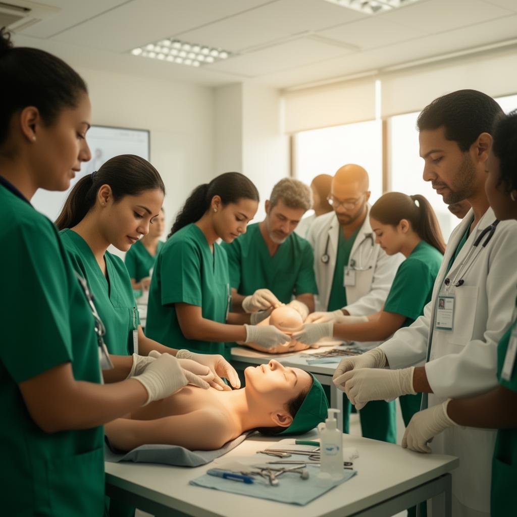 Profissionais de saúde em treinamento prático